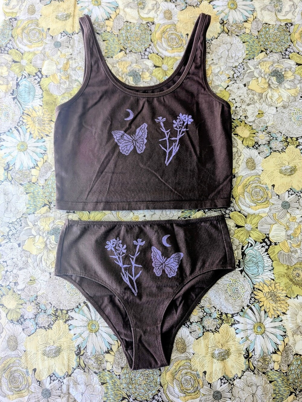 Sister Nettle Butterfly Moon Flower M Brown Crop Tank & S Brown Underwear Cotton